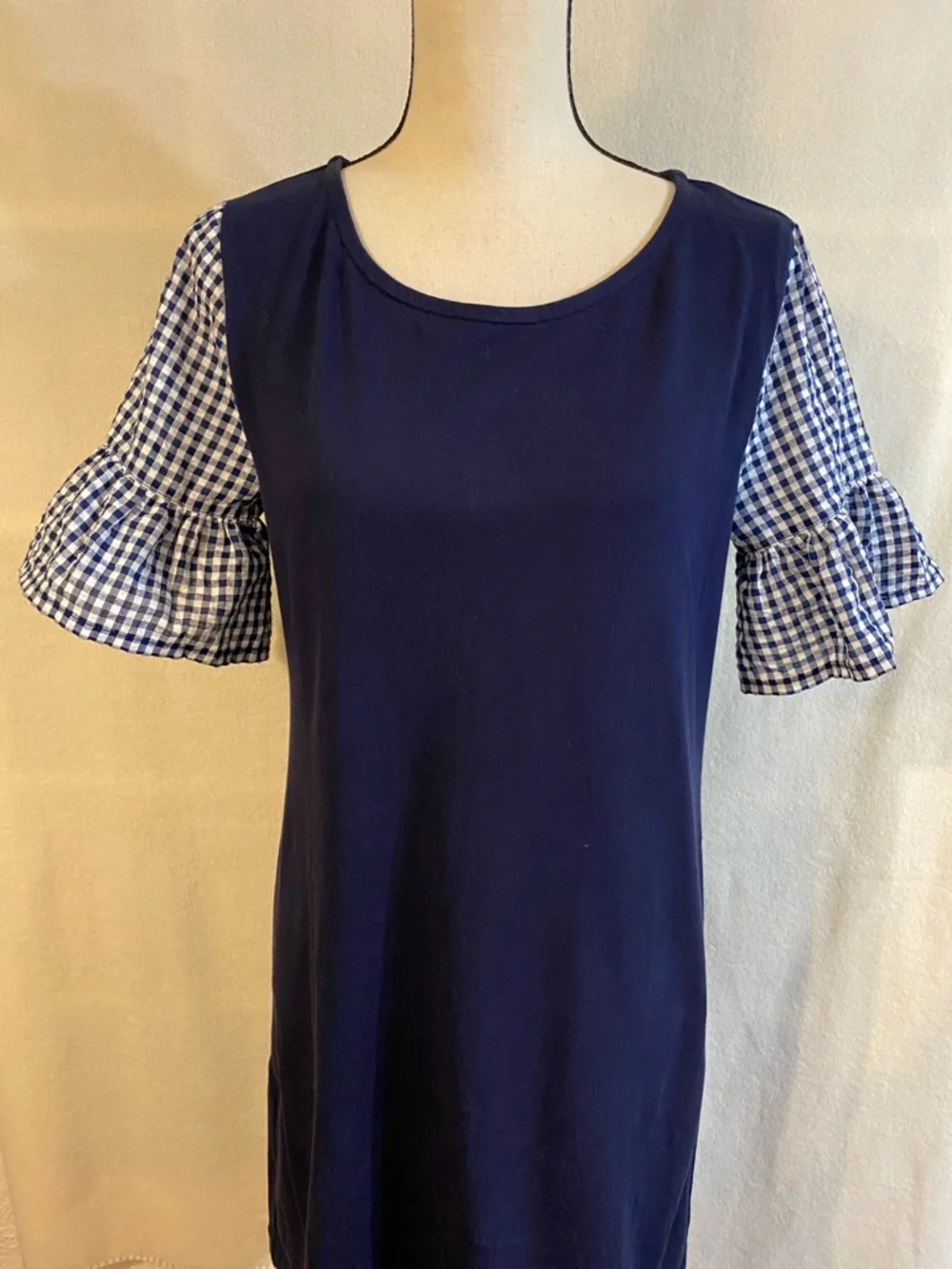 J. Crew navy blue & white gingham check bell sleeve dress